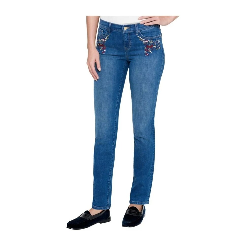 Tommy Hilfiger Womens Blue Floral Embroidered Mid-Rise Straight Leg Jeans Sz 10
